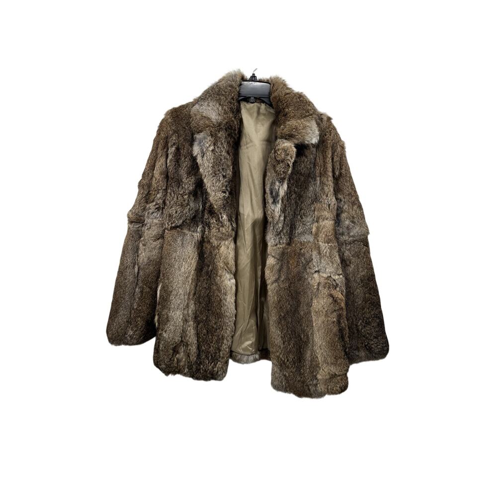 Rabbit French Fur Coat Brown Grey Ladies Size Medium Hook Closure Collared
